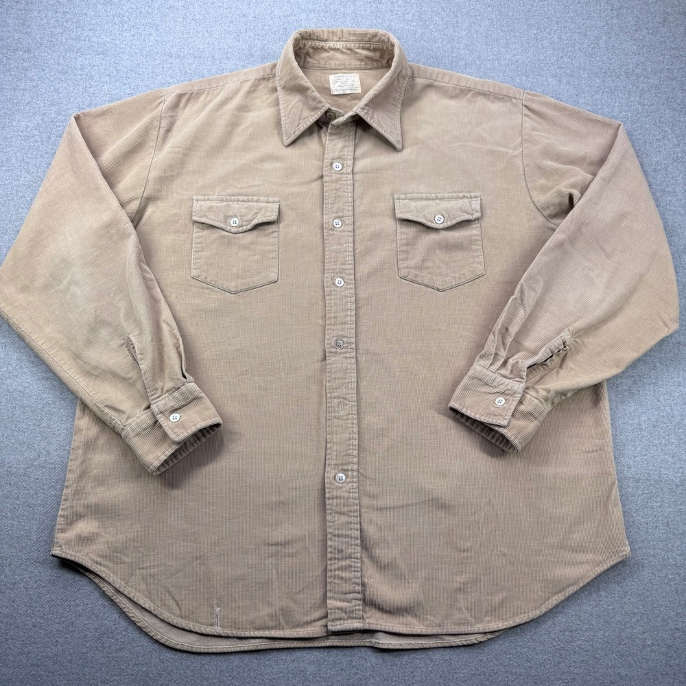 Vintage 70s Sears Corduroy Field Shirt Mens XL Khaki Tan Button Up Workwear FLAW - Picture 3 of 11